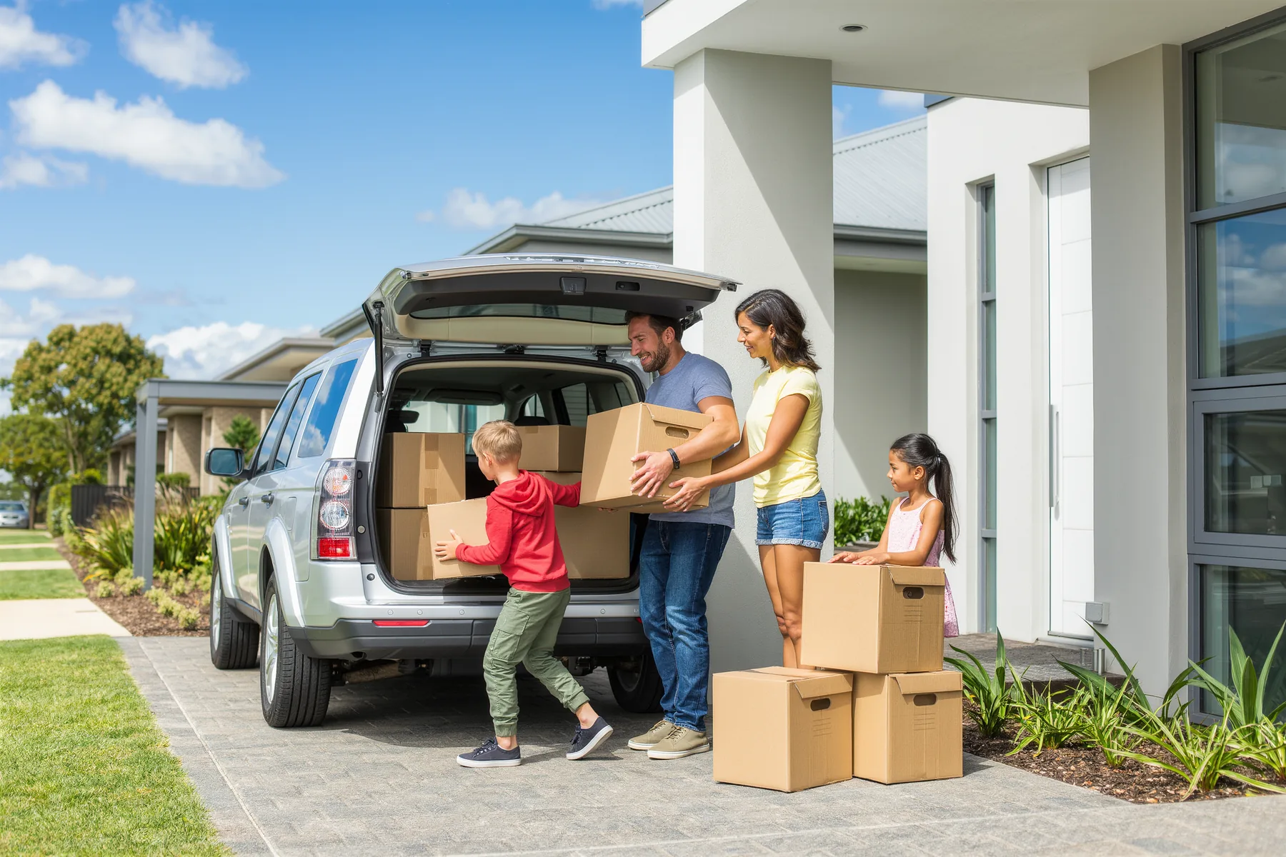 A family outside a newly completed home in northern Melbourne
