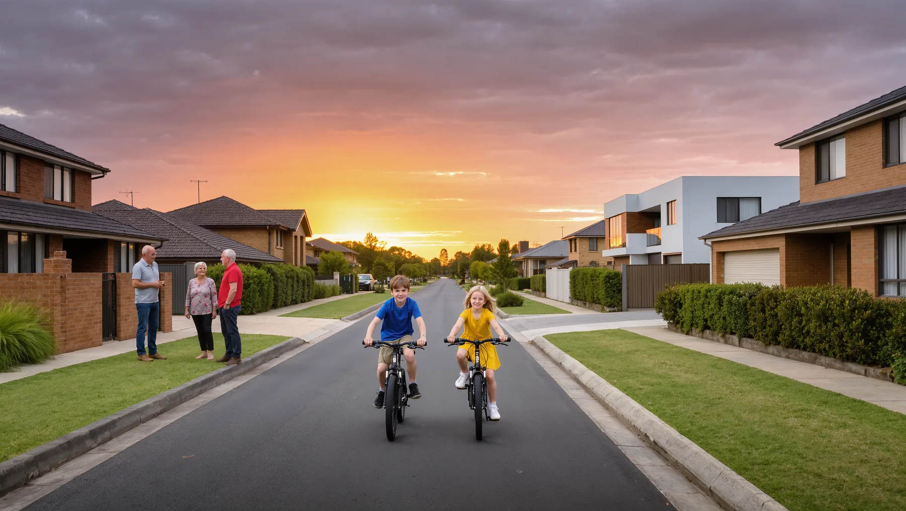 Golden-hour street scene in a new Epping-area community